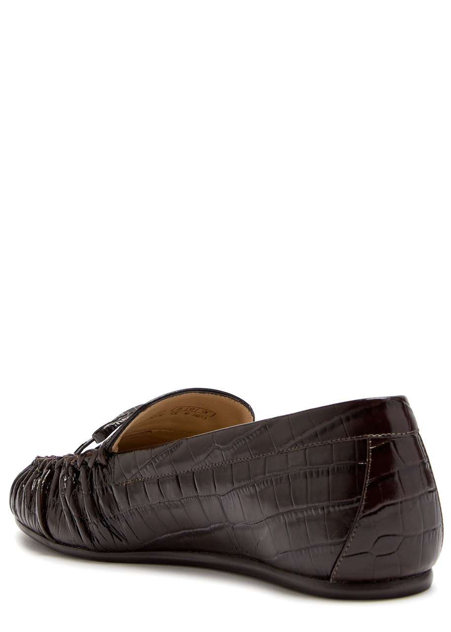 Stuart Weitzman Britt Bow Crocodile-effect Patent Leather Loafers In Brown