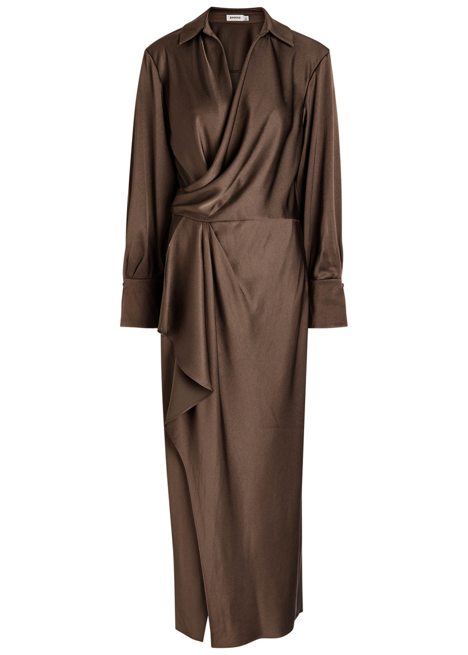 Simkhai Talita Wrap-effect Draped Satin Midi Dress - Brown - 10 (UK14 / L)