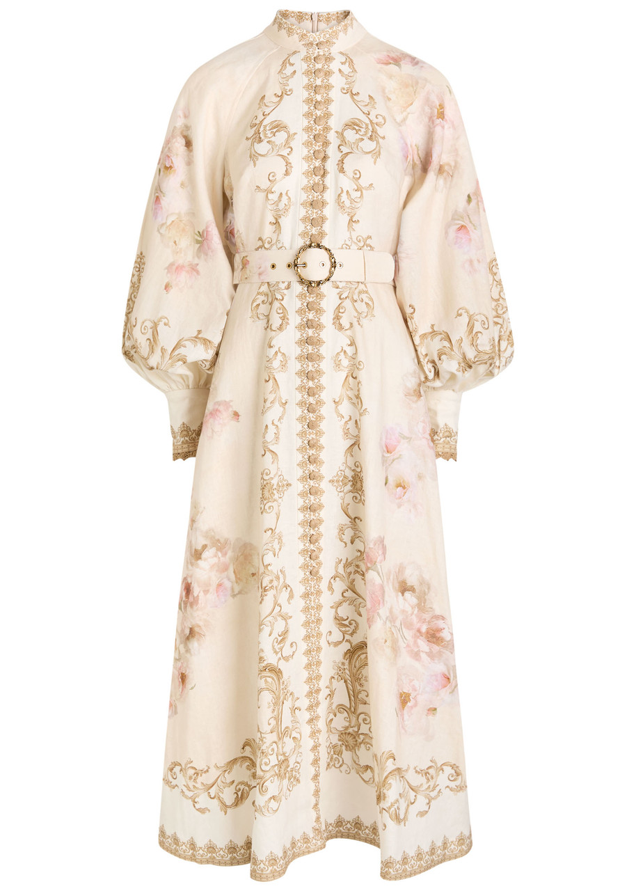 Zimmermann Womens Cream Peony Printed Silk-belt Buttoned Linen Midi Dress Xxs In Neutral
