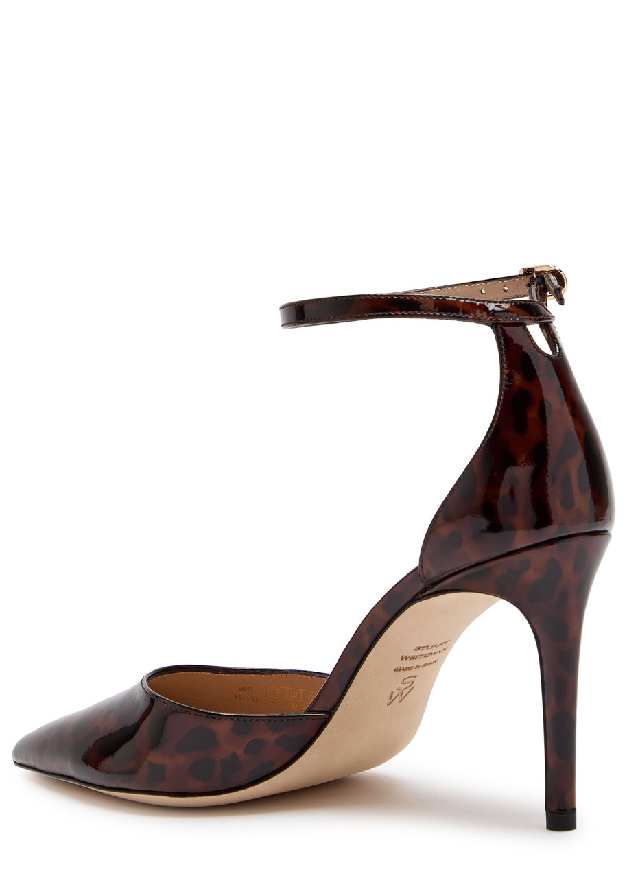 Stuart Weitzman Stuart Power Strap 85 Leopard-print Patent Leather Pumps In Black