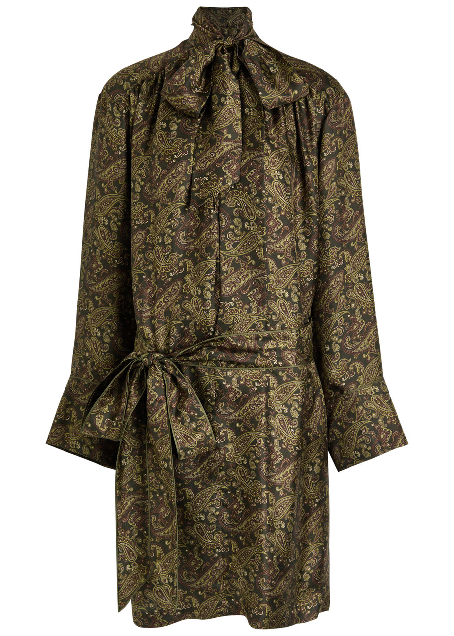 Saint Laurent Pussy-bow Belted Paisley-print Silk-twill Mini Dress In Green