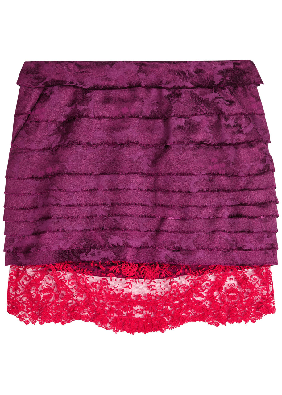Saint Laurent Yves Tiered Floral-jacquard Woven Mini Skirt In Red