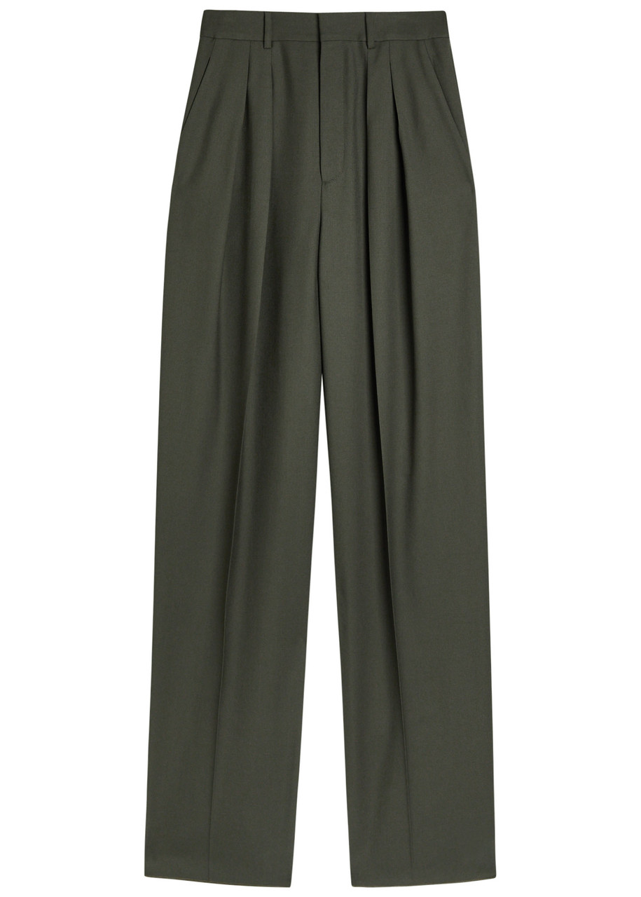 Saint Laurent Yves Wide-leg Wool Trousers In Green