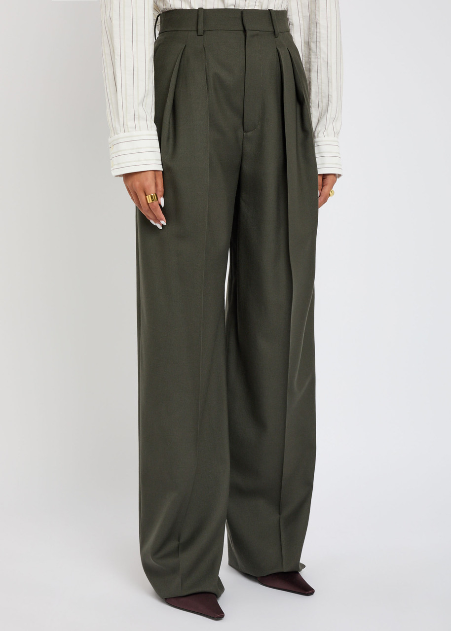 Saint Laurent Yves Wide-leg Wool Trousers In Green