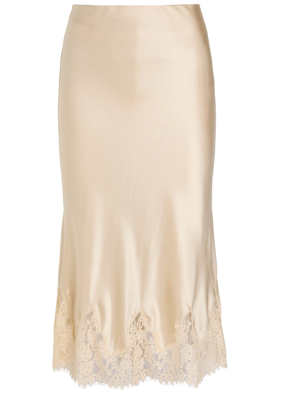 Reformation Carolina Lace-trimmed Silk-satin Midi Skirt In Neutral