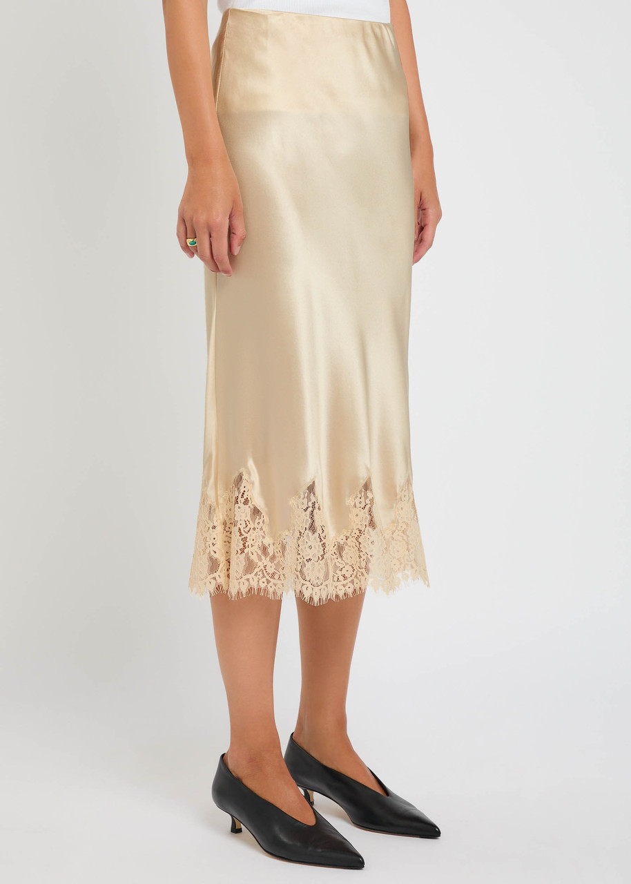Reformation Carolina Lace-trimmed Silk-satin Midi Skirt In Neutral