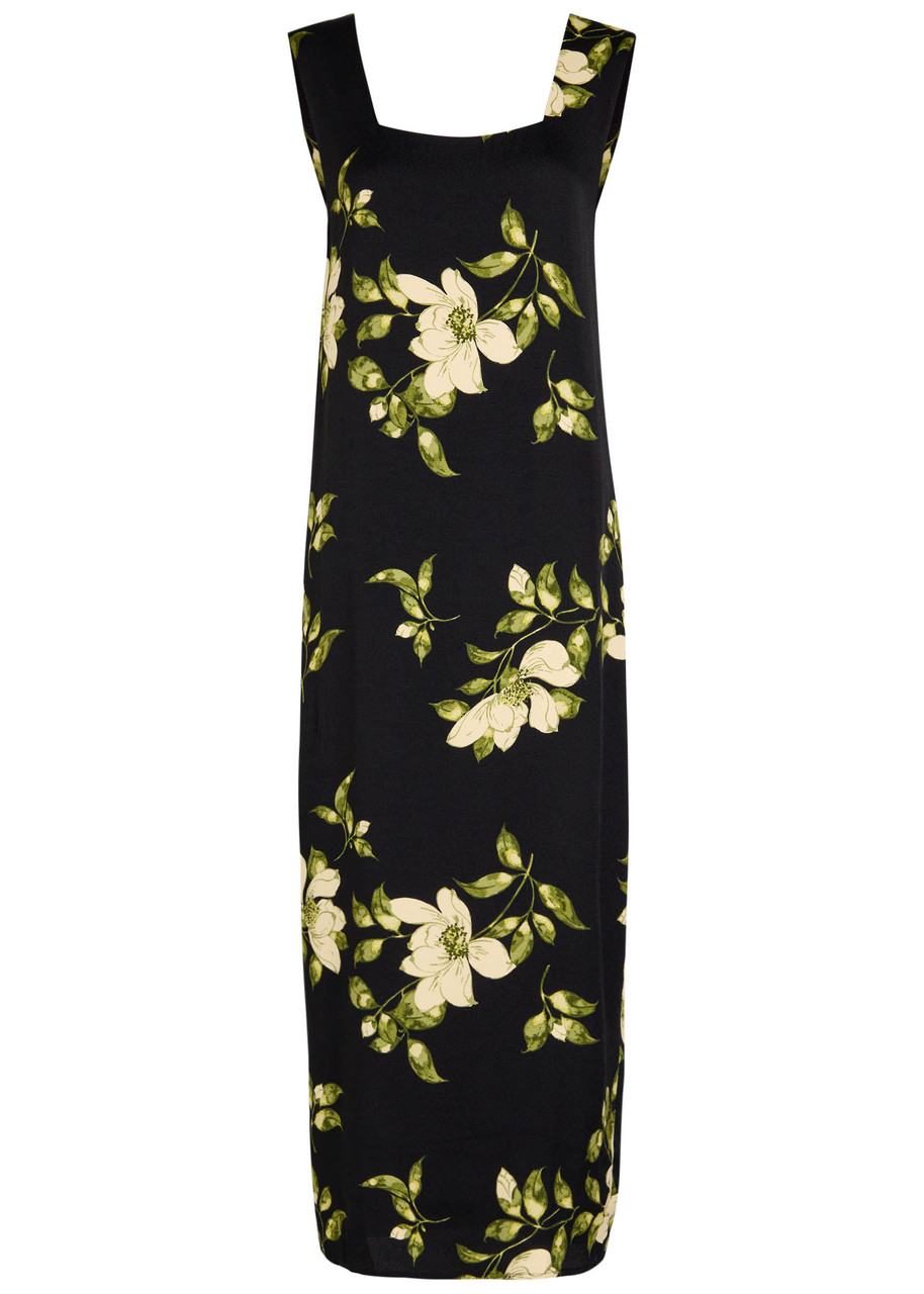 Reformation Vea Floral-print Crepe Midi Dress In Black