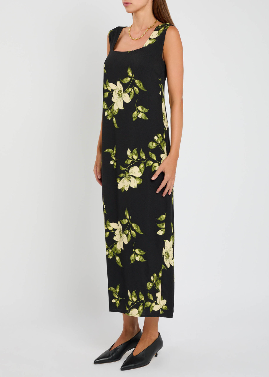 Reformation Vea Floral-print Crepe Midi Dress In Black