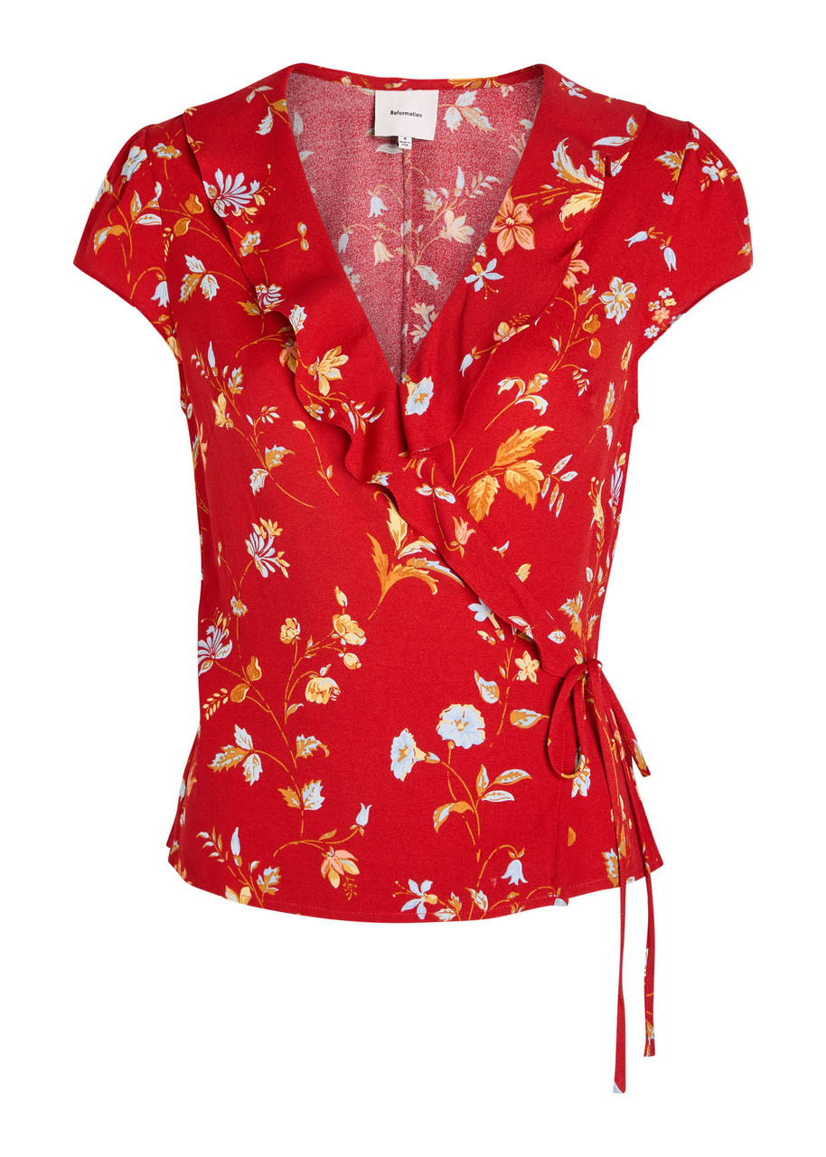 Reformation Clemence Floral-print Crepe Wrap Top In Red