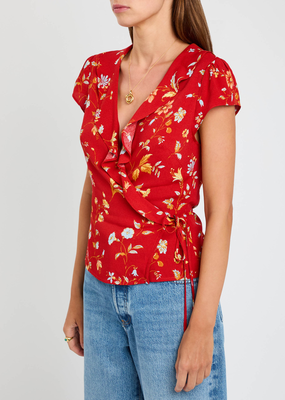 Reformation Clemence Floral-print Crepe Wrap Top In Red