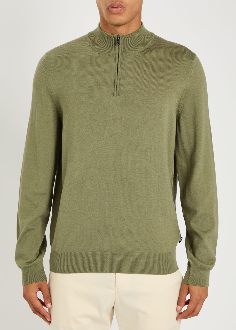Hugo Boss Boss Ebenji Half-zip Fine-knit Polo Jumper In Green
