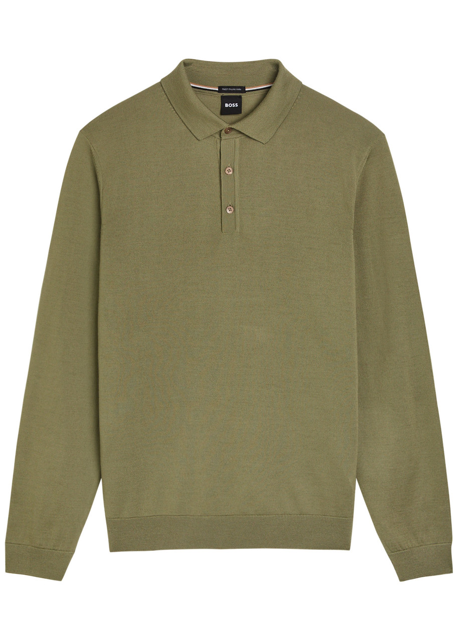 Boss Lancione Wool Polo Jumper - Khaki