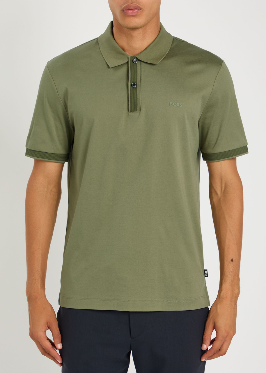 Hugo Boss Mercerized-cotton Polo Shirt With Two-tone Monograms In Brown