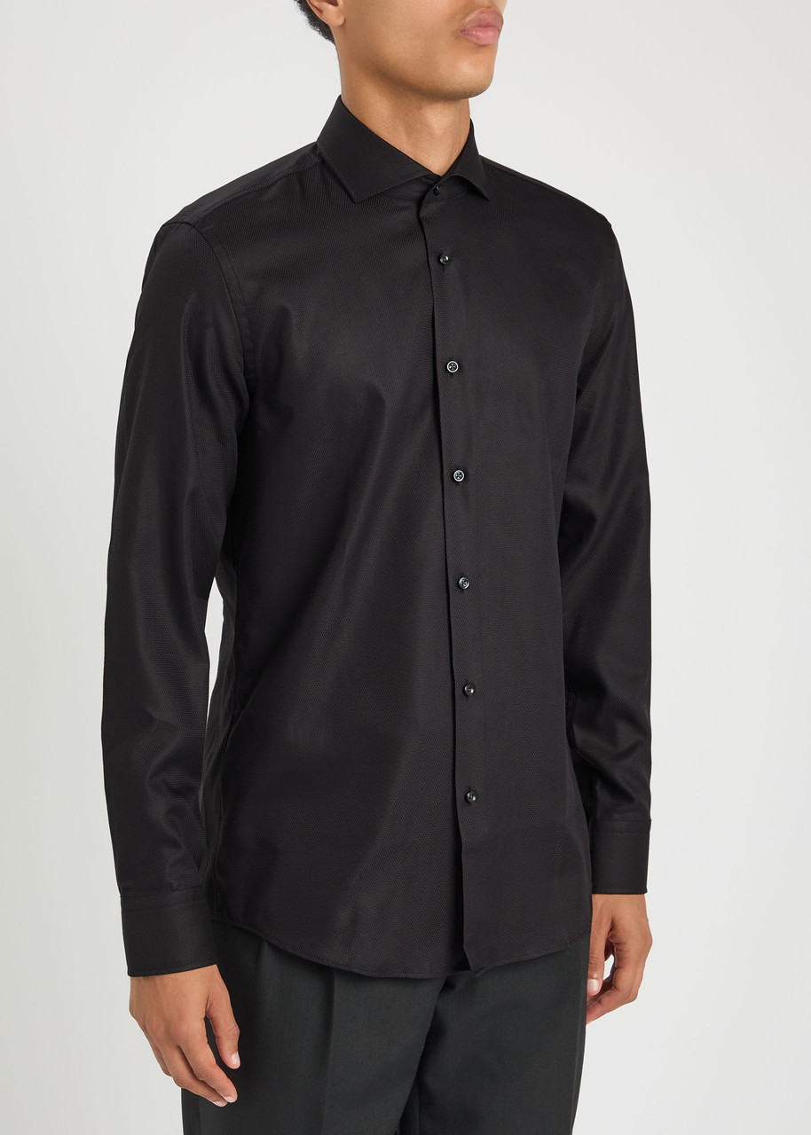 Hugo Boss Boss Roan Solid Stretch Cotton Button-up Shirt In Black