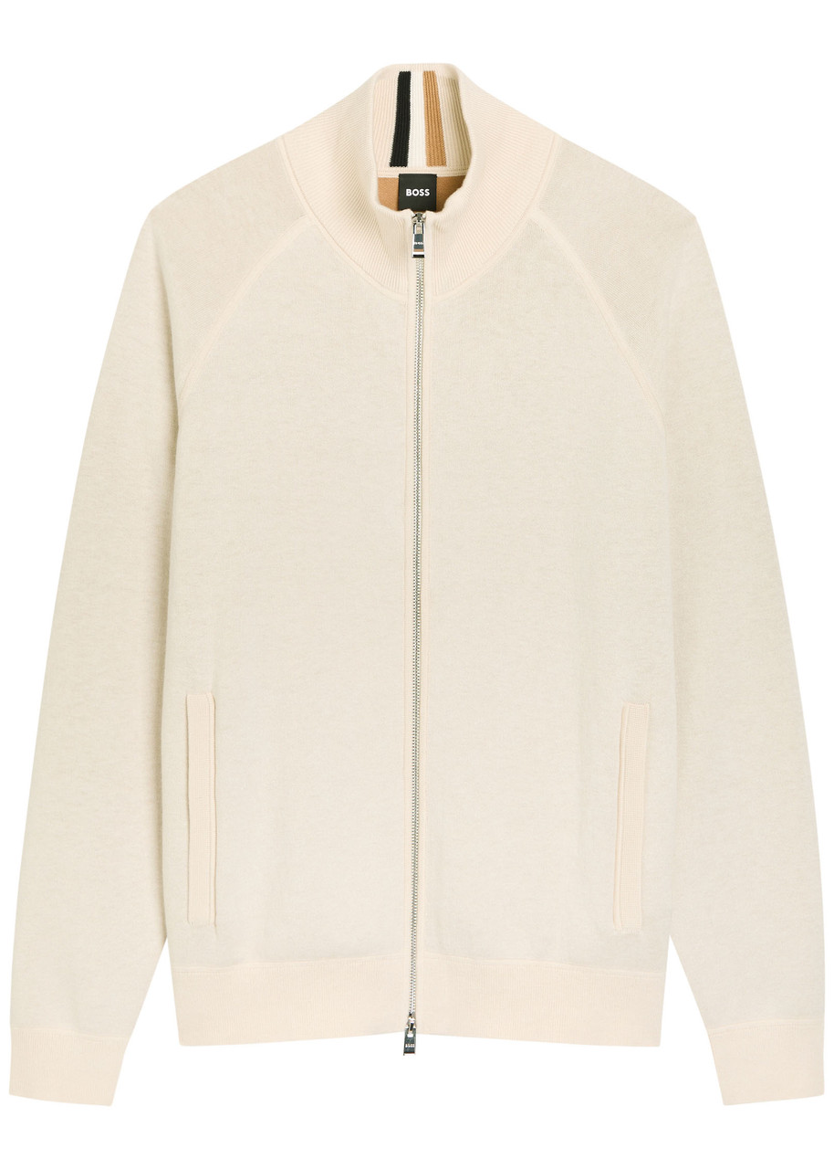 Hugo Boss Boss Fine-knit Cotton And Wool-blend Jacket In Neutral