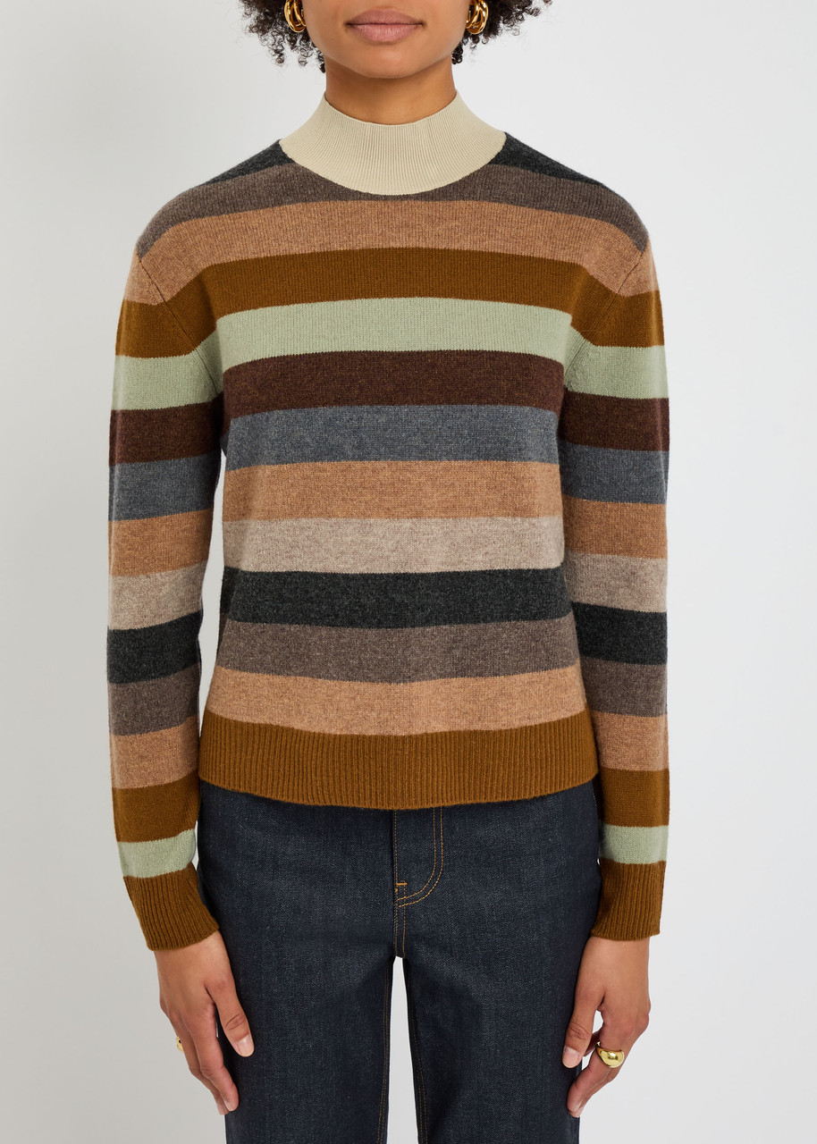 Tory Burch Striped Merino Wool Turtleneck Sweater With Ribbed Details In Multi