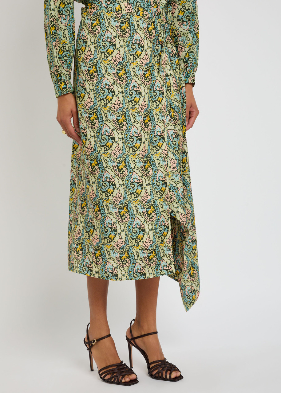 Tory Burch Printed Silk Midi Wrap Skirt In Green