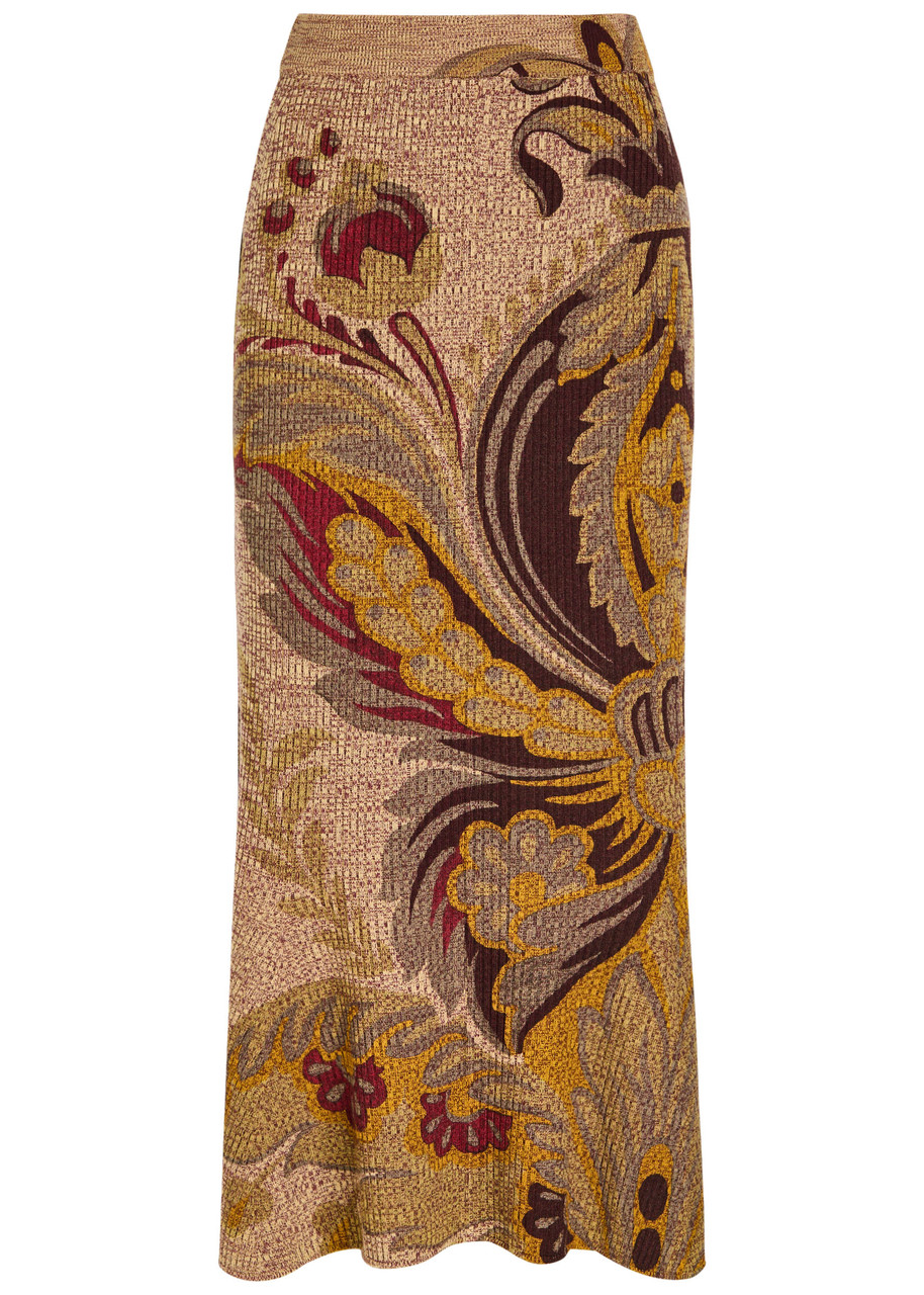 Etro Floral-intarsia Ribbed Wool Midi Skirt In Multi
