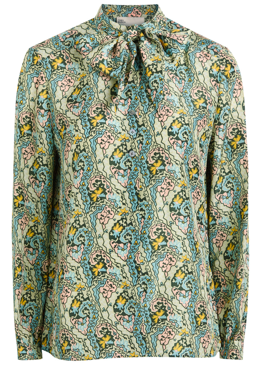 Tory Burch Paisley-print Bow Blouse In Blue