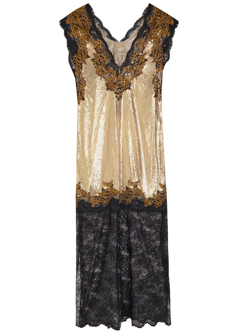 Rabanne Lace-trimmed Embellished Chainmail Gown In Brown