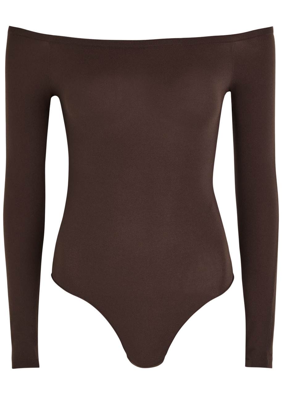 Alaïa Off-the-shoulder Stretch-nylon Bodysuit In Brown