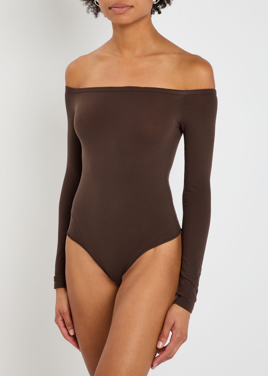 Alaïa Off-the-shoulder Stretch-nylon Bodysuit In Brown