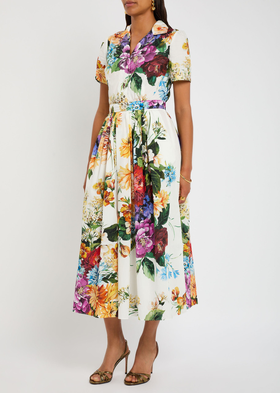 Dolce & Gabbana Women Poplin Midi Dress With Floral Bouquet Print In Multi