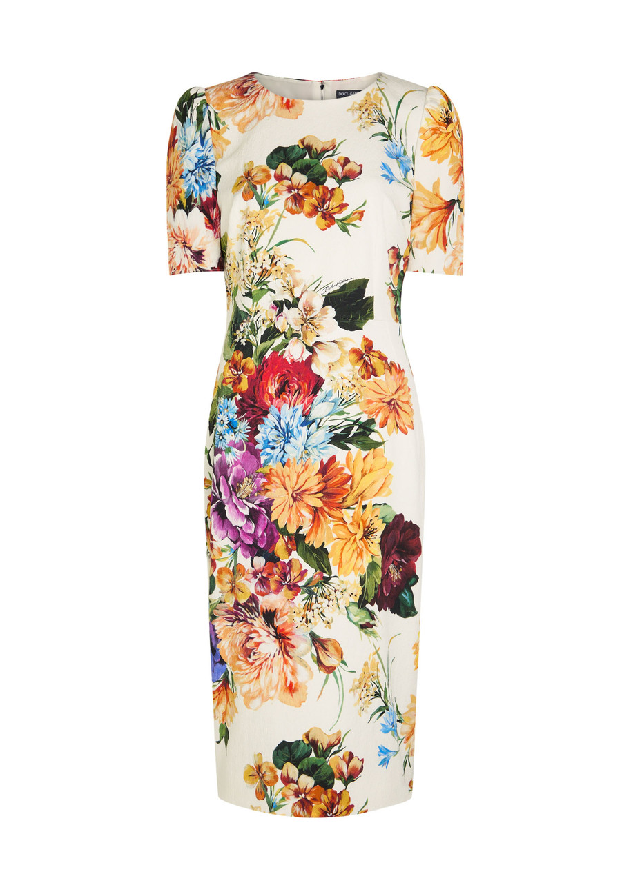 Dolce & Gabbana Floral-print Textured Cotton-blend Midi Dress In Neutral