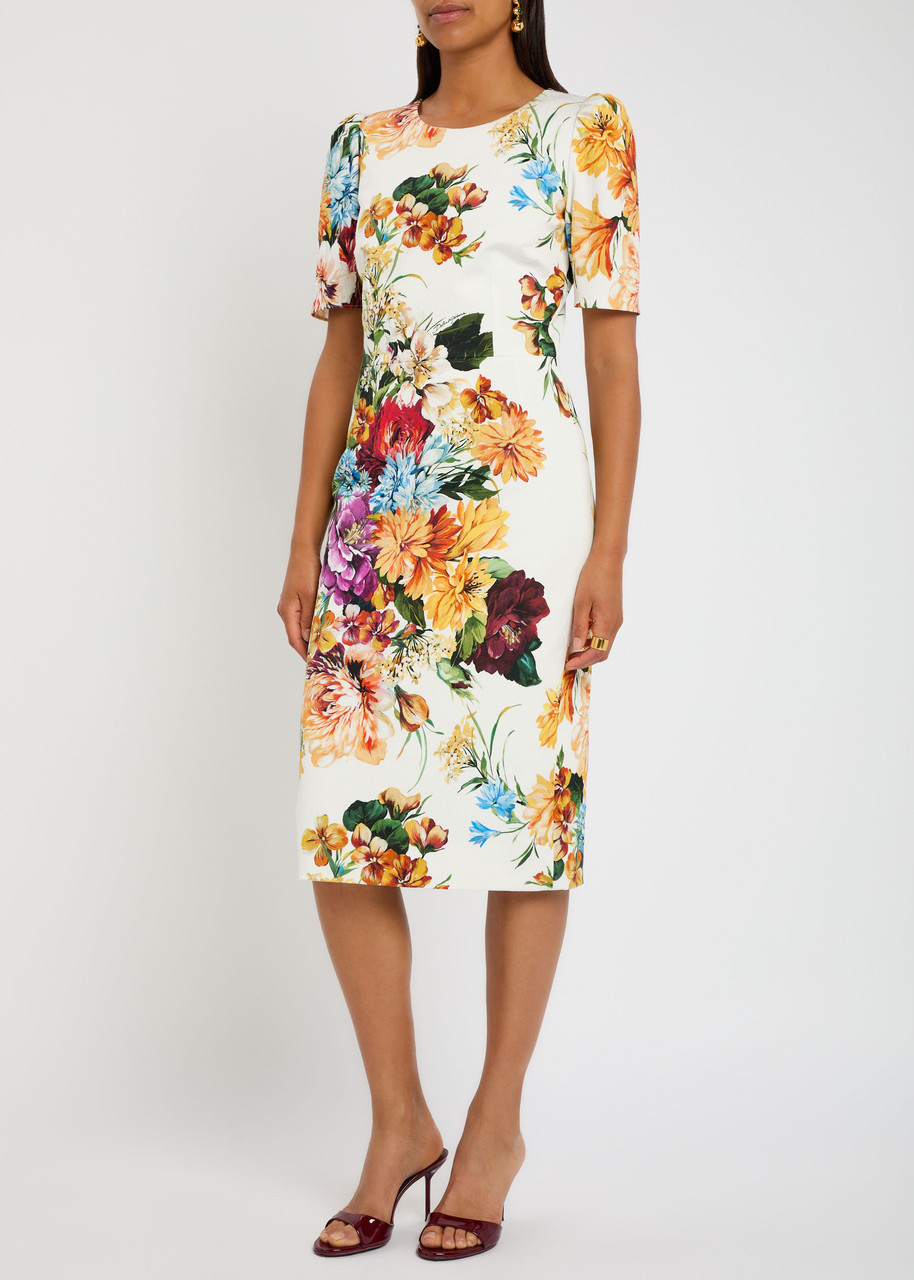 Dolce & Gabbana Floral-print Textured Cotton-blend Midi Dress In Neutral