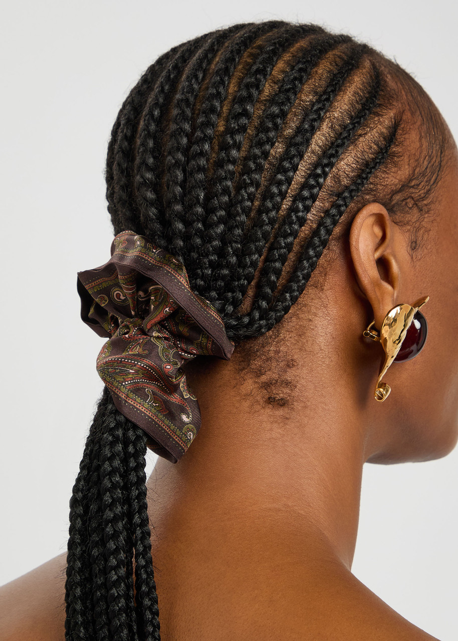 Saint Laurent Paisley-print Silk Scrunchie In Brown