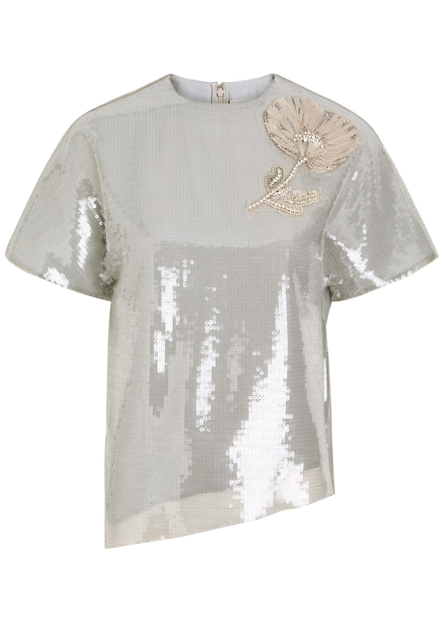 Huishan Zhang Womens Silver Sammie Sequin Woven Top In Gray