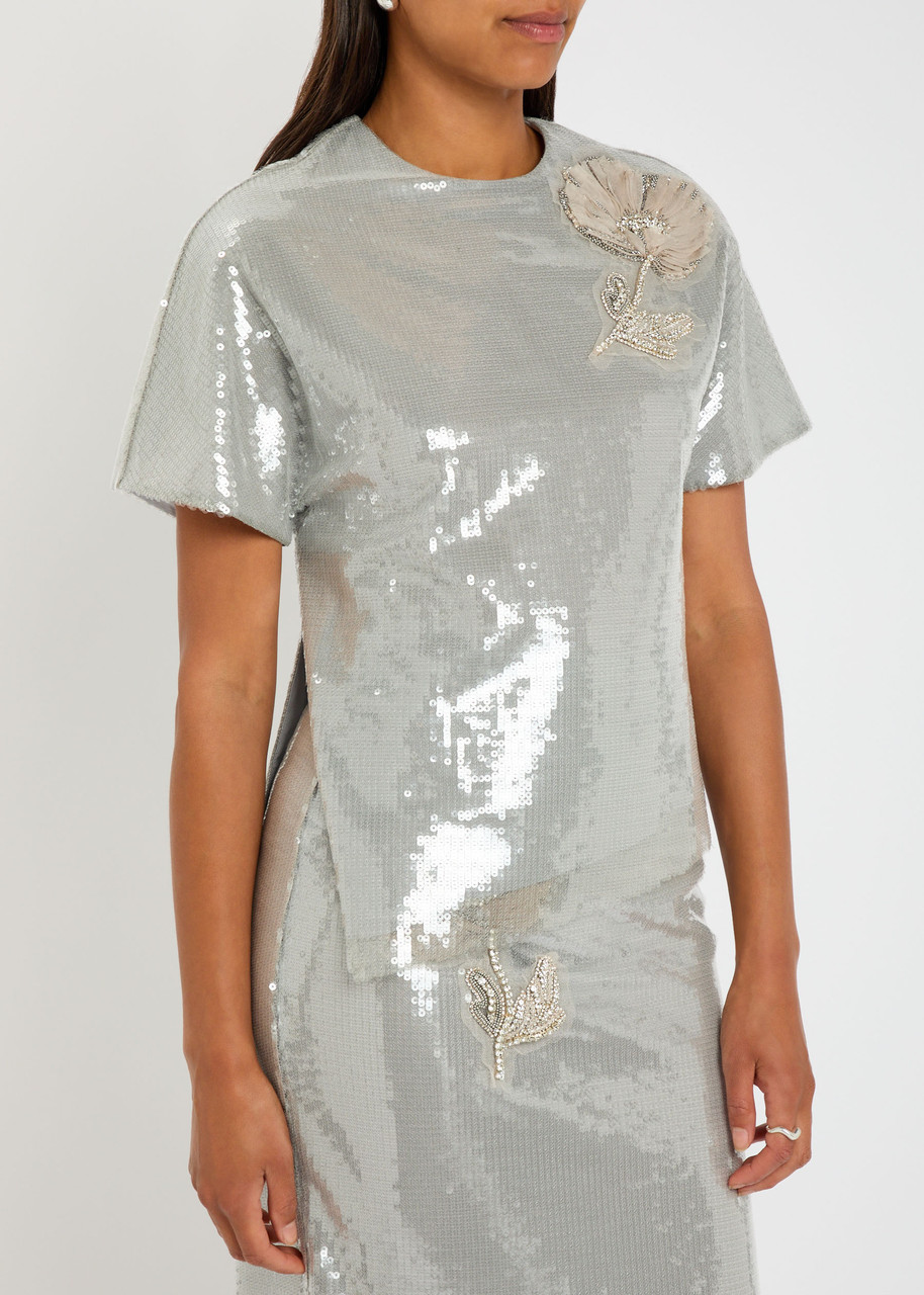Huishan Zhang Womens Silver Sammie Sequin Woven Top In Gray