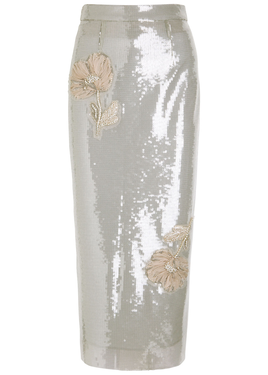 Huishan Zhang Oakley Floral-appliquéd Sequin Midi Skirt In White