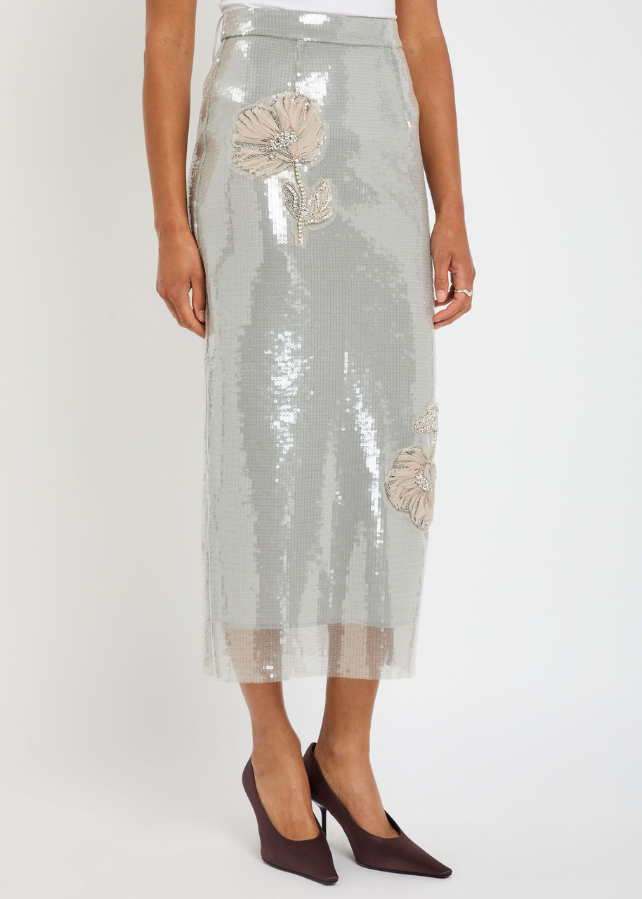 Huishan Zhang Oakley Floral-appliquéd Sequin Midi Skirt In White