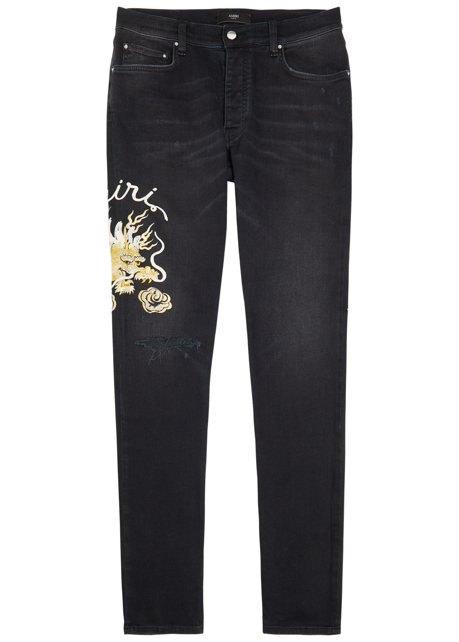Amiri Dragon Repair Embroidered Slim-leg Jeans – Black – 32 (W32 / M) Amiri Dragon Repair Embroidered Slim-leg Jeans – Black – 32 (W32 / M)
