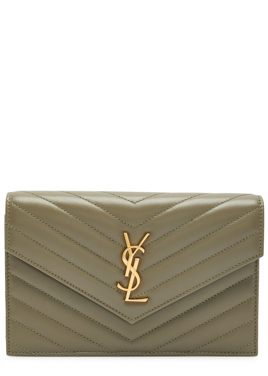 Saint Laurent Cassandre Logo Quilted Leather Wallet-on-chain In Green