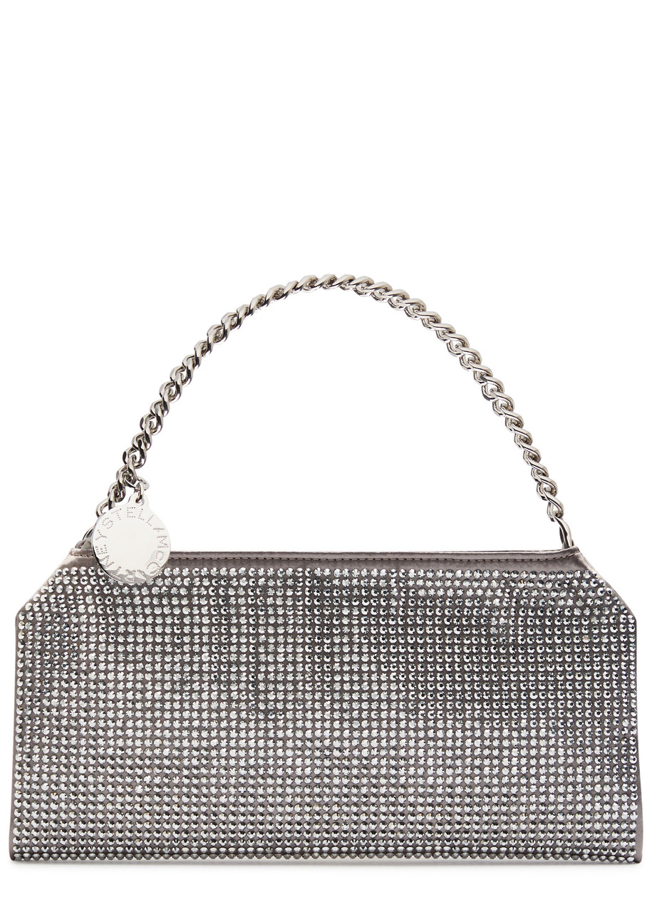 Stella Mccartney Falabella Mini Crystal-embellished Satin Top Handle Bag In Silver