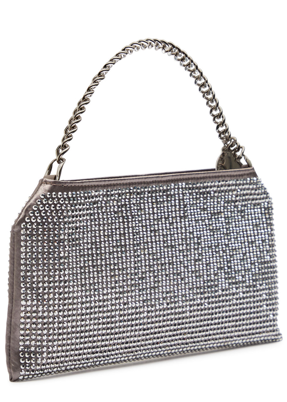 Stella Mccartney Falabella Mini Crystal-embellished Satin Top Handle Bag In Silver