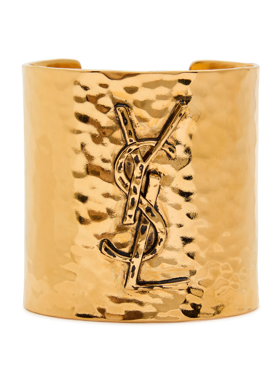 Saint Laurent Logo Hammered Cuff In Gold
