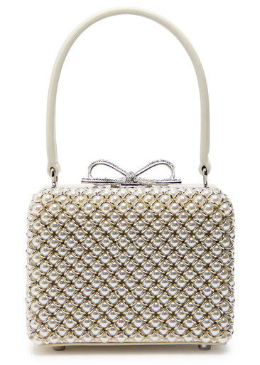 SELF-PORTRAIT Pearl-embellished micro satin top handle bag