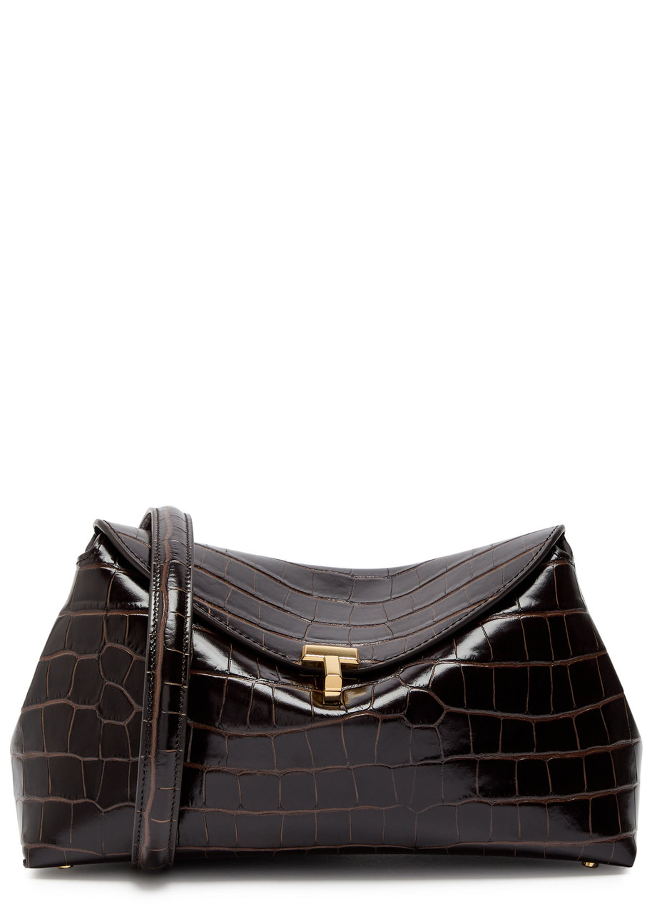 Totême Toteme T-lock Crocodile-effect Leather Clutch In Brown