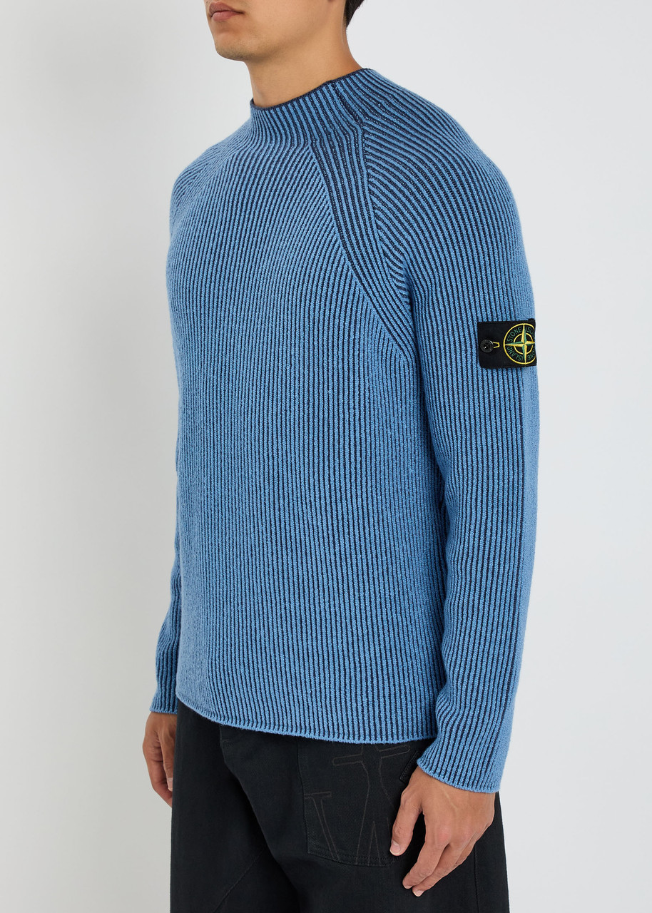 Stone Island Ribbed Texture Sweater With Crew Neckline In Blue