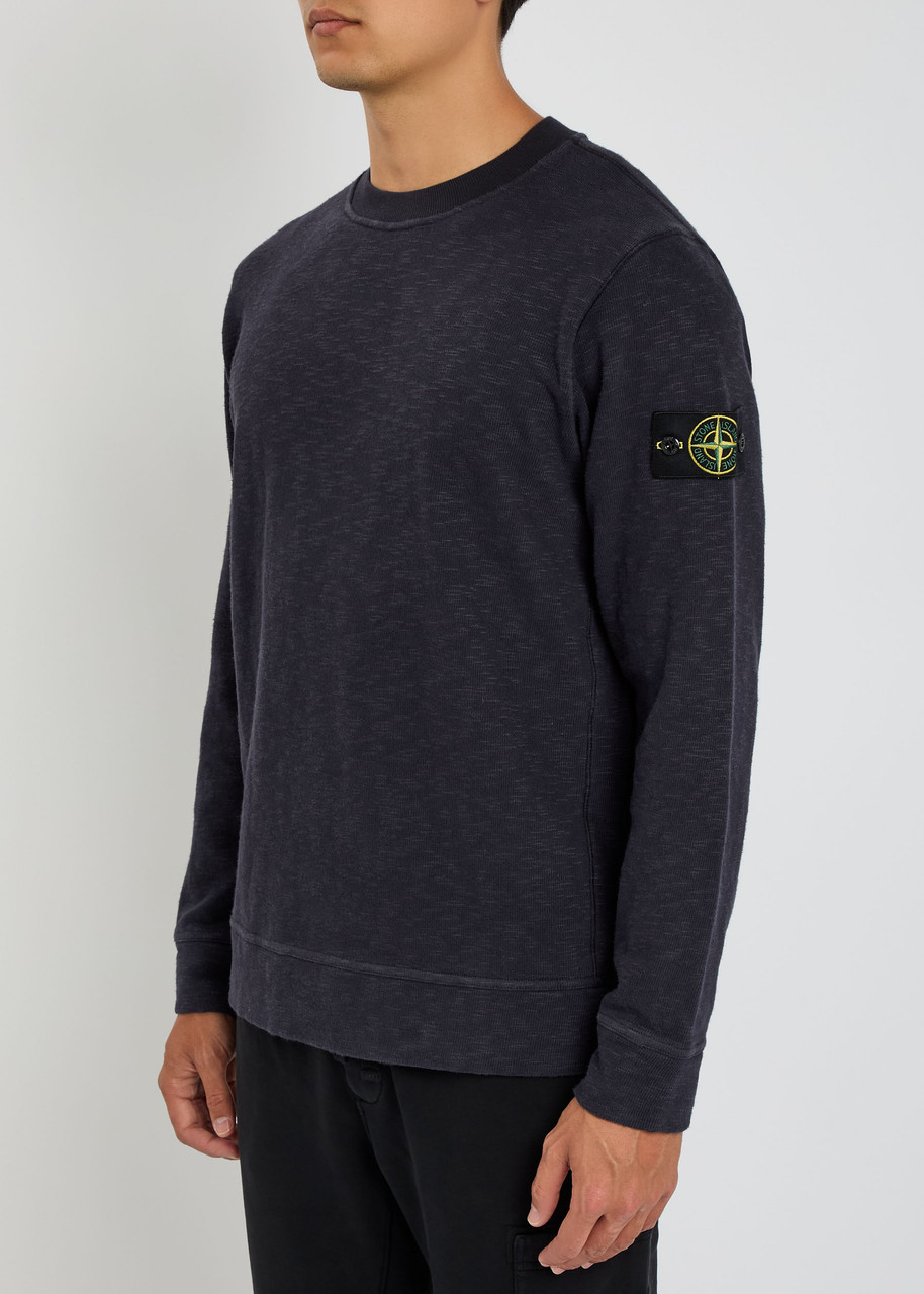 Stone Island Crew Neck Blue Sweater With Textured Fabric And Logo Patch In Black