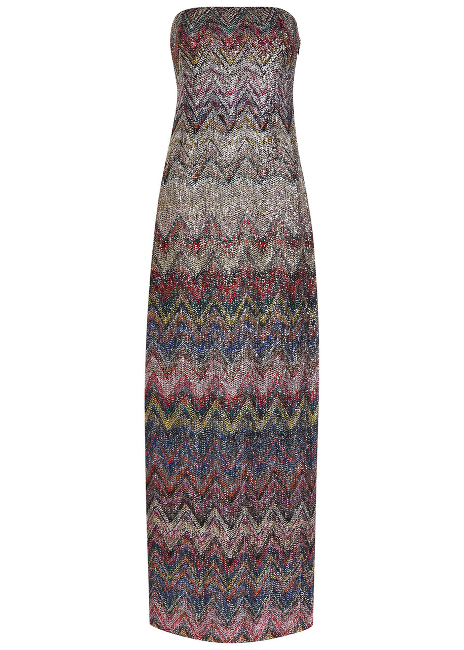Missoni Embellished Zigzag-intarsia Strapless Maxi Dress In Multi