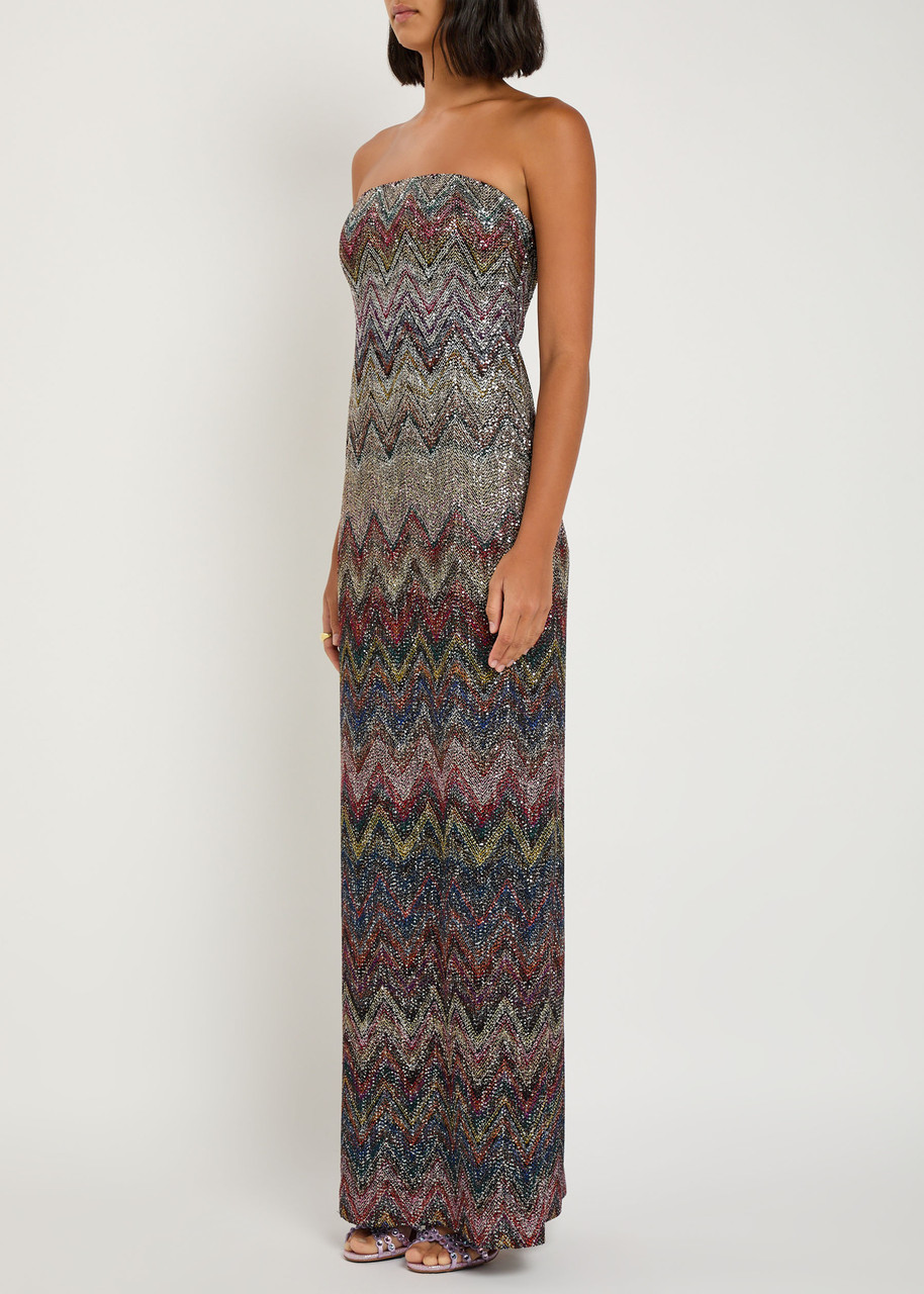 Missoni Embellished Zigzag-intarsia Strapless Maxi Dress In Multi