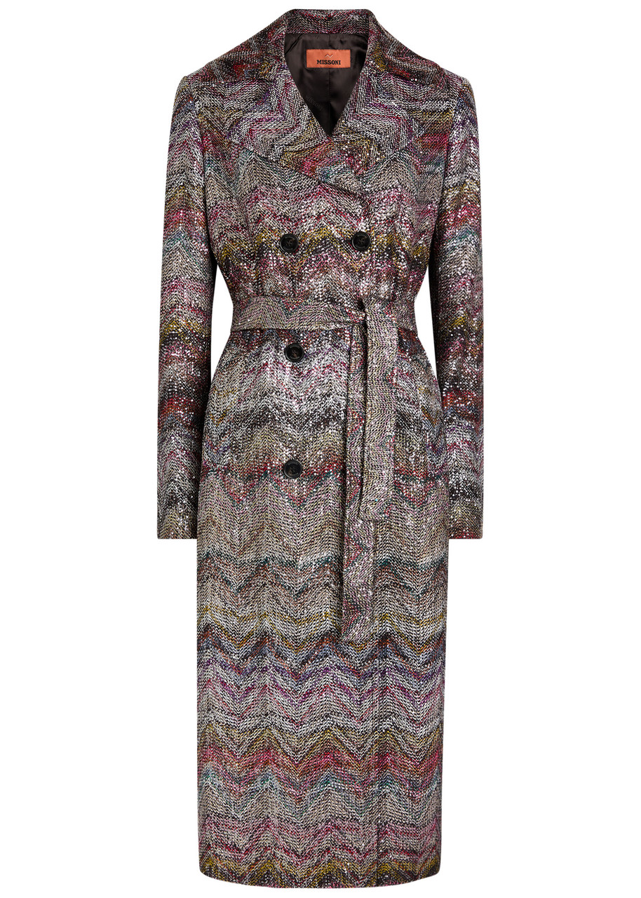 Missoni Long Double-breasted Trench Coat With Wavy Zigzag Pattern In Multi
