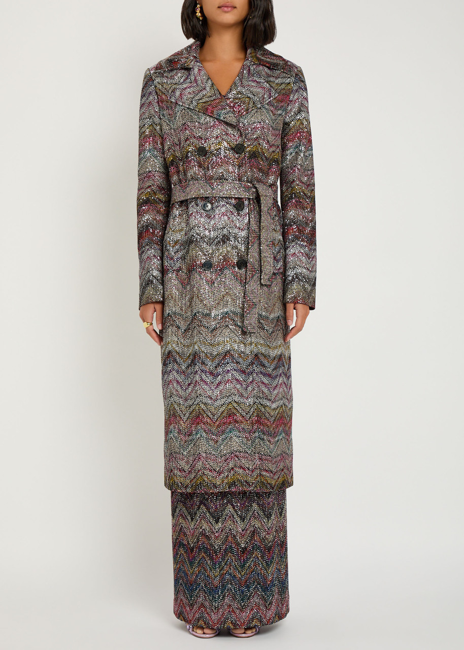 Missoni Long Double-breasted Trench Coat With Wavy Zigzag Pattern In Multi