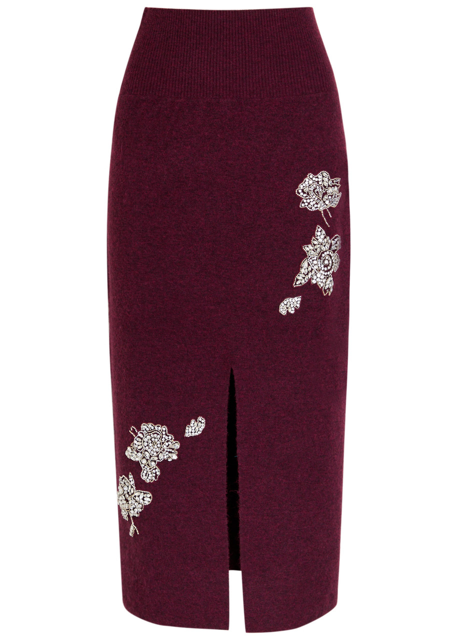 Erdem Embellished Knitted Midi Skirt - Burgundy - M (UK12 / M)