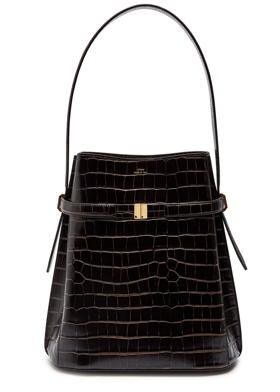 Totême Toteme Belted Crocodile-effect Leather Bucket Bag In Brown