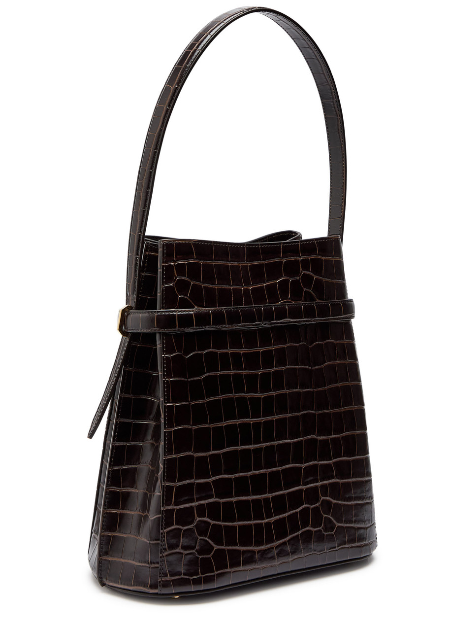 Totême Toteme Belted Crocodile-effect Leather Bucket Bag In Brown